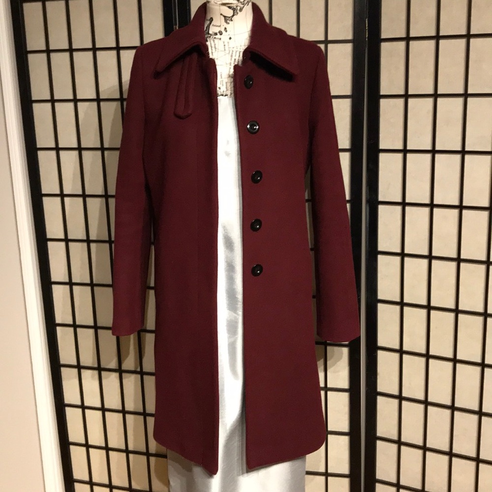 ✈️Loft Wool Preppy long Mock Pencil Bodice wine burgundy solid minimalist button - Picture 4 of 15